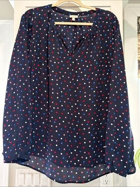 Talbots Navy Polka Dot V-Neck Blouse with Red, Blue & Pink Dots
